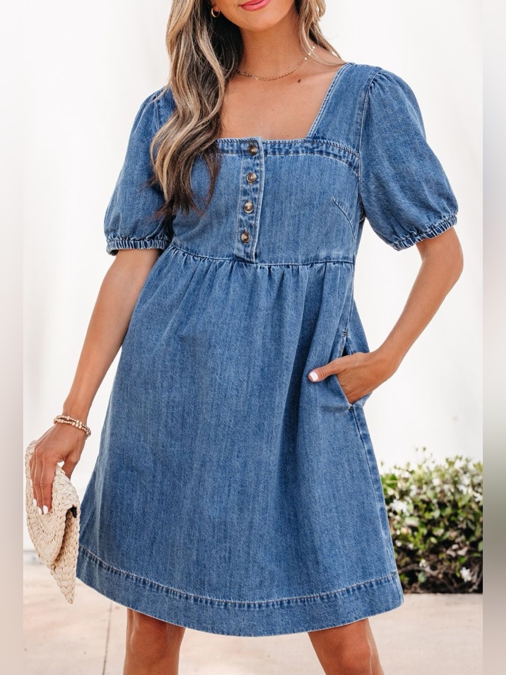 🩵Hello Gorgeous! Button-Front Puff Sleeve Denim Dress - Blue